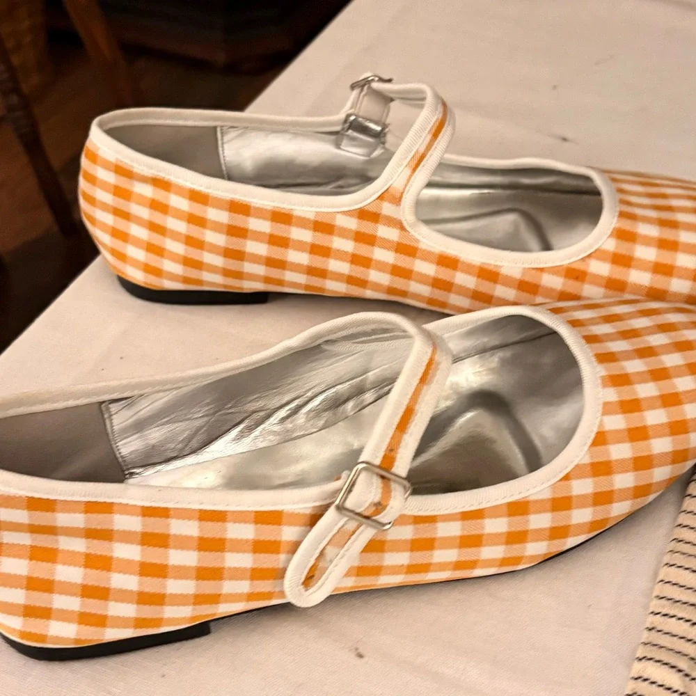 Orange and White Gingham Flats with Strap - Picture 2 of 3